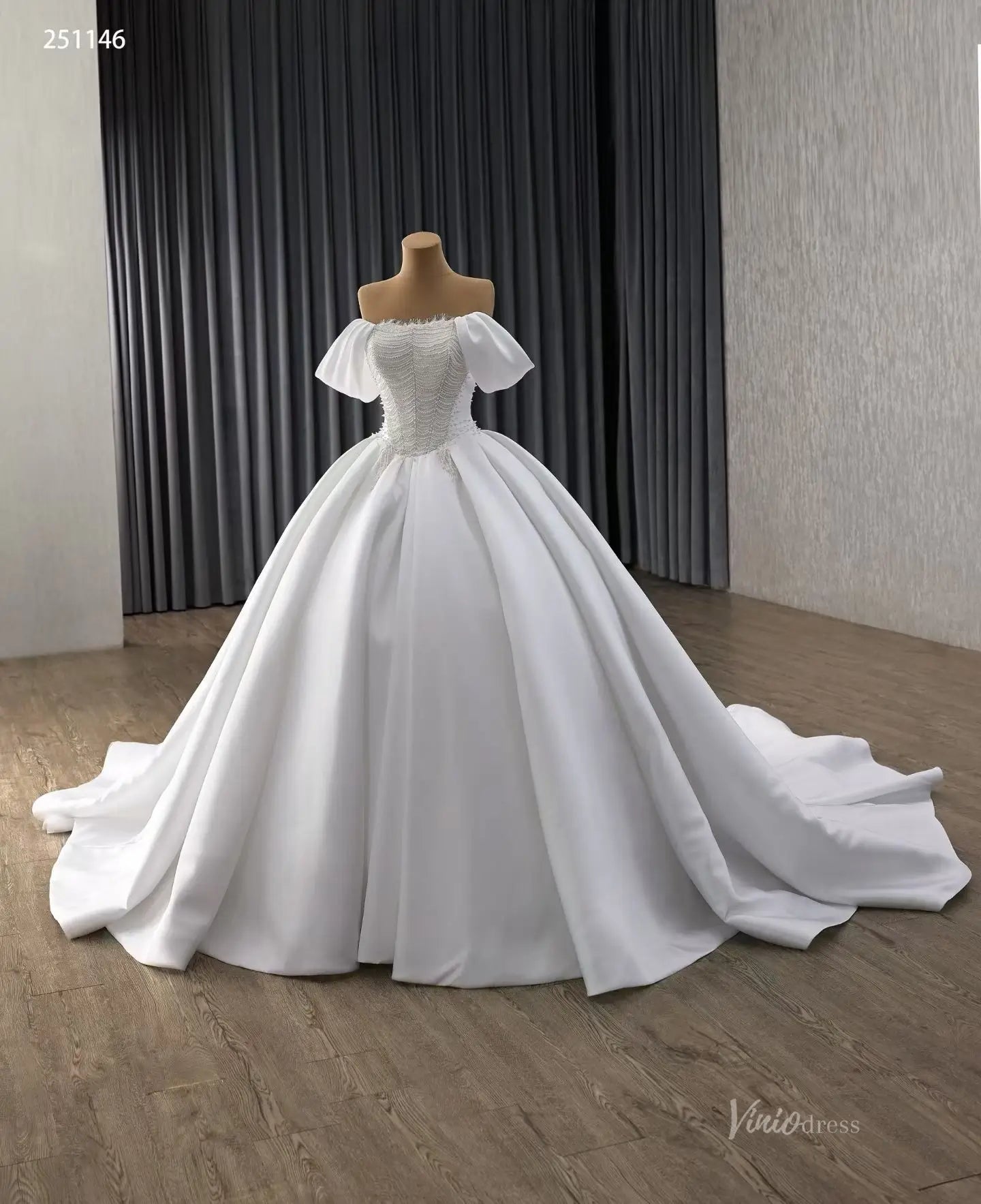 Modest Off-the-Shoulder Satin Wedding Dress| Pearl Bodice Ball Gown with Basque Waist & Corset Back 251146-wedding dresses 2025 -Viniodress-Ivory-Custom Size-
