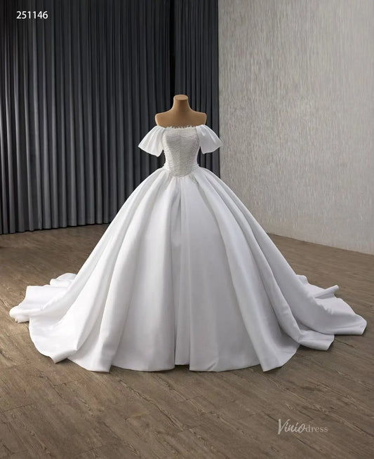 Modest Off-the-Shoulder Satin Wedding Dress| Pearl Bodice Ball Gown with Basque Waist & Corset Back 251146-wedding dresses 2025 -Viniodress-Ivory-Custom Size-