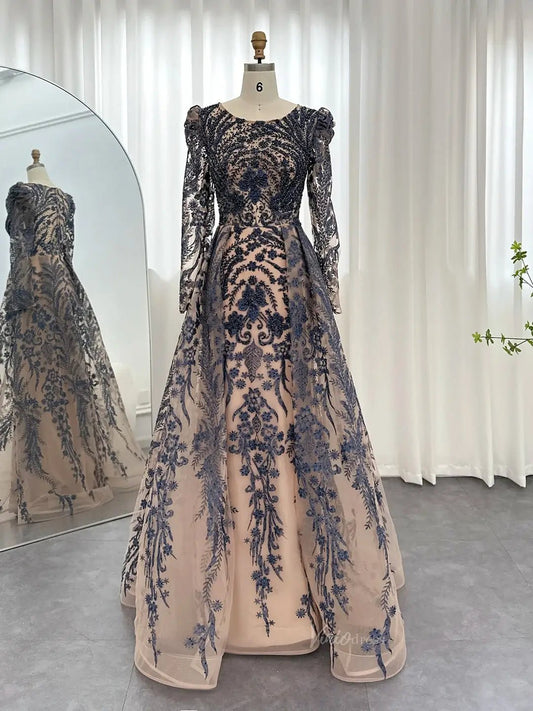 Modest Overskirt Formal Dresses Long Sleeve Beaded Prom Dresses 20087B-Evening Dresses 2025 -Viniodress-Navy-US 2-