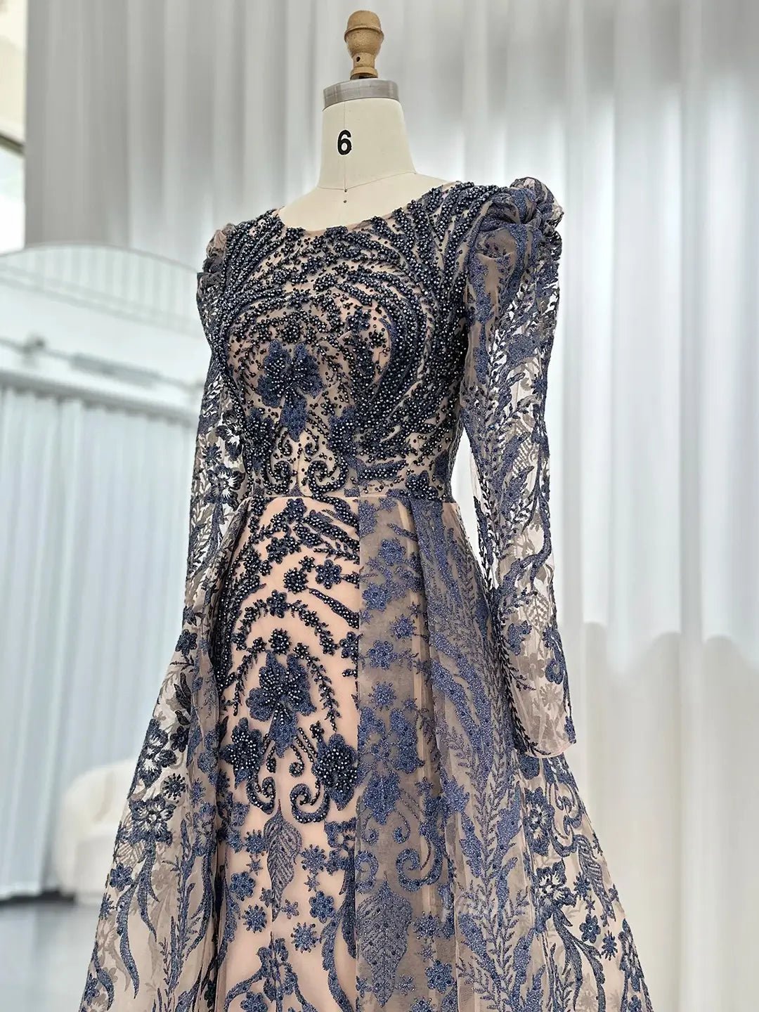 Modest Overskirt Formal Dresses Long Sleeve Beaded Prom Dresses 20087B-Evening Dresses 2025 -Viniodress-Navy-US 2-