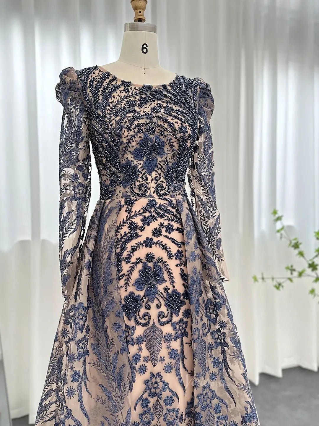 Modest Overskirt Formal Dresses Long Sleeve Beaded Prom Dresses 20087B-Evening Dresses 2025 -Viniodress-Navy-US 2-