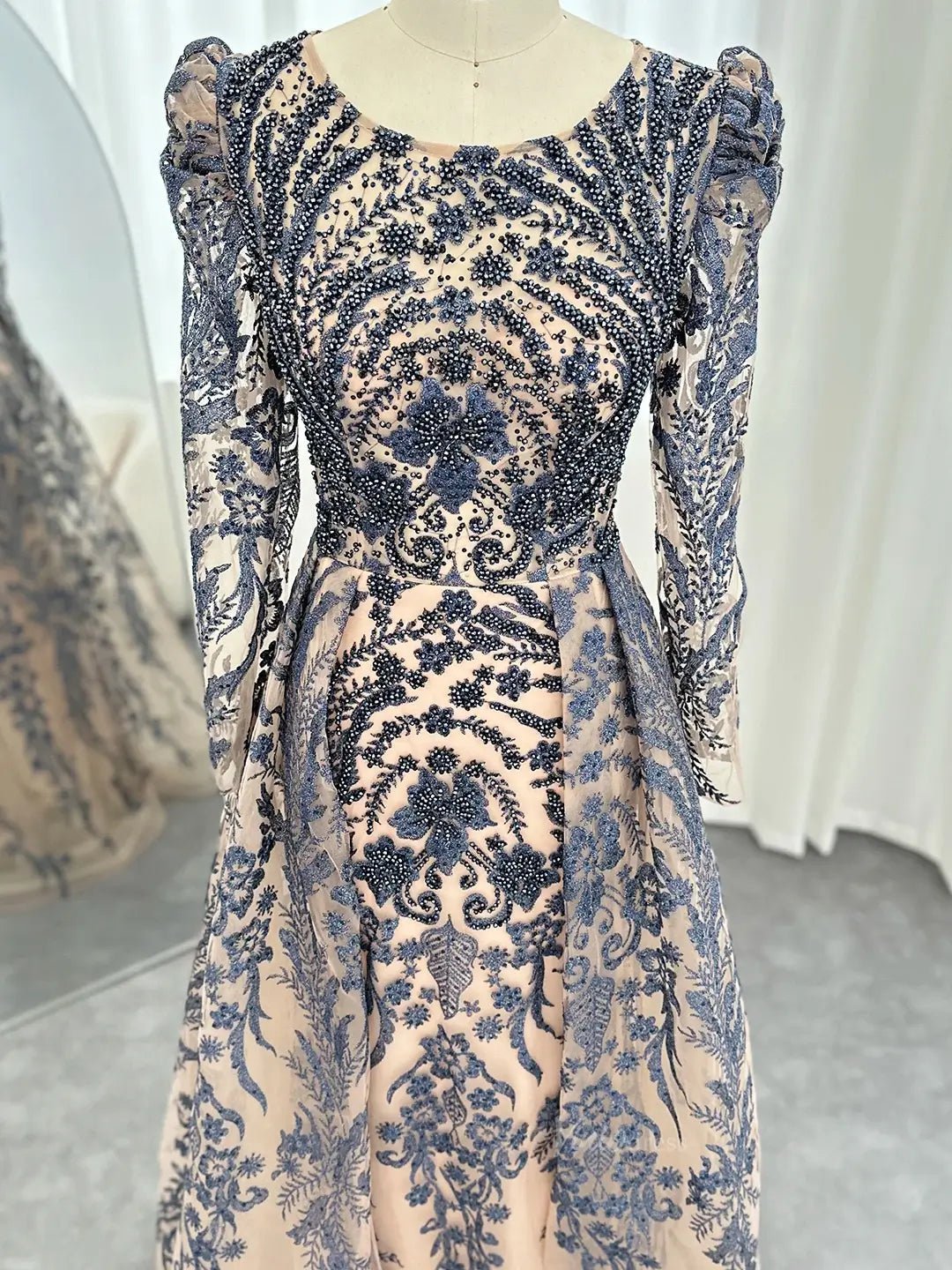 Modest Overskirt Formal Dresses Long Sleeve Beaded Prom Dresses 20087B-Evening Dresses 2025 -Viniodress-Navy-US 2-