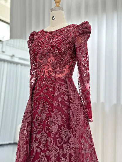 Modest Overskirt Formal Dresses Long Sleeve Beaded Prom Dresses 20087B-Evening Dresses 2025 -Viniodress-Navy-US 2-