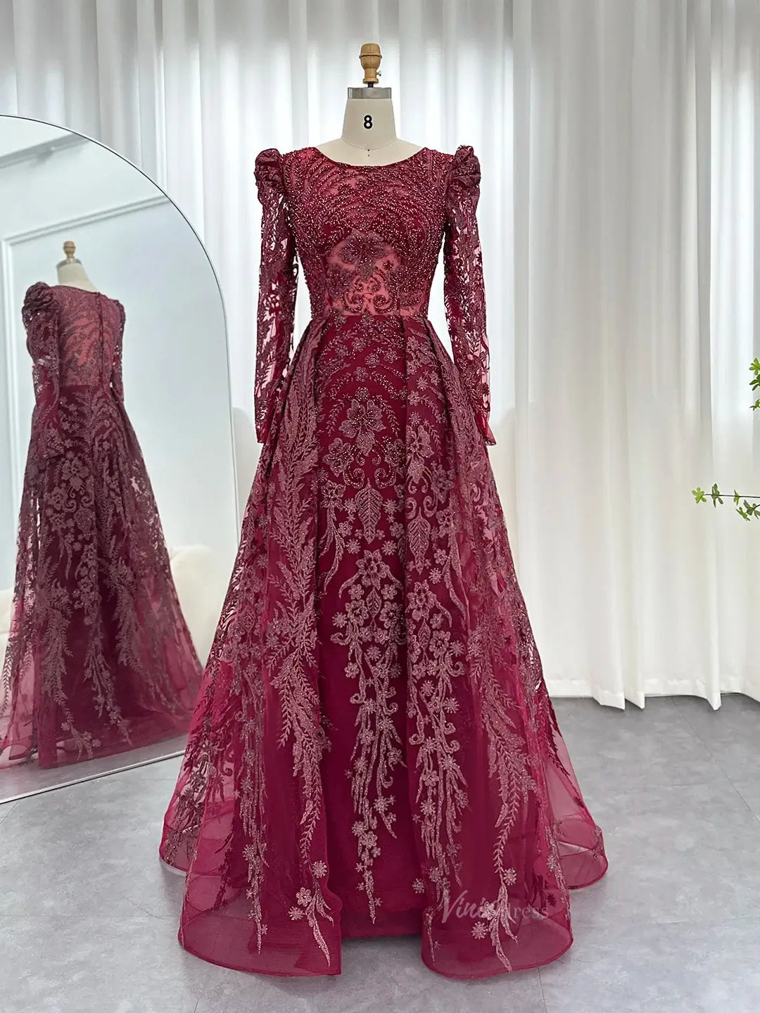 prom dresses 2025 Modest Overskirt Formal Dresses Long Sleeve Beaded Prom Dresses 20087B-plus size wedding dresses Viniodress-Burgundy-US 2-