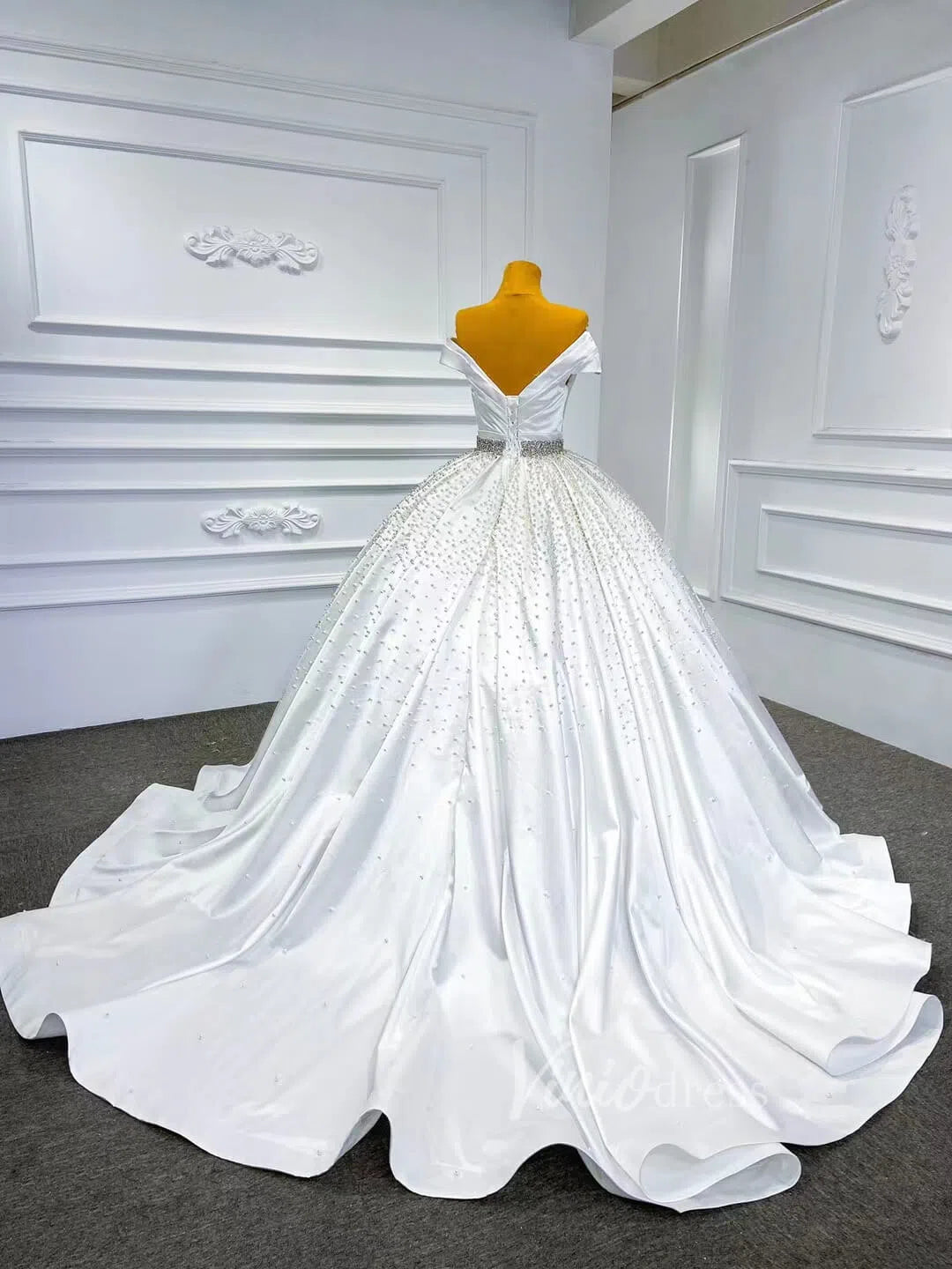Modest Pearl Beaded Satin Wedding Gown Off the Shoulder 67422-wedding dresses 2025 -Viniodress-Ivory-Custom Size-
