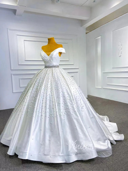Modest Pearl Beaded Satin Wedding Gown Off the Shoulder 67422-wedding dresses 2025 -Viniodress-Ivory-Custom Size-