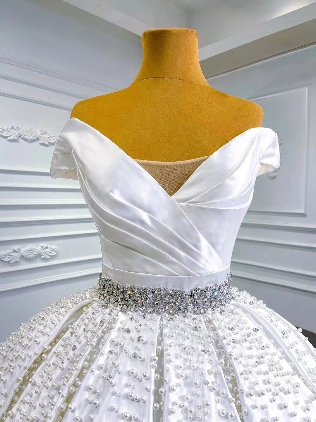 Modest Pearl Beaded Satin Wedding Gown Off the Shoulder 67422-wedding dresses 2025 -Viniodress-Ivory-Custom Size-