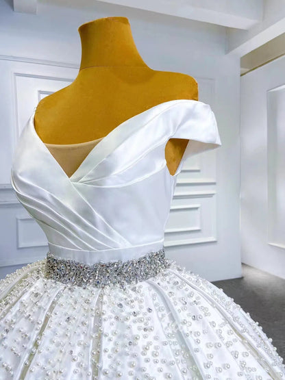Modest Pearl Beaded Satin Wedding Gown Off the Shoulder 67422-wedding dresses 2025 -Viniodress-Ivory-Custom Size-