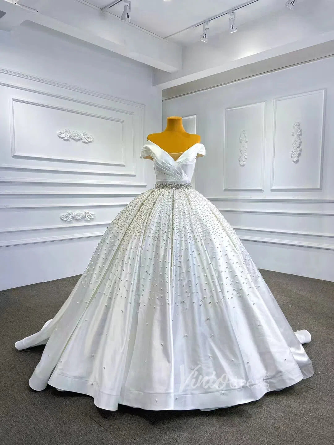 Modest Pearl Beaded Satin Wedding Gown Off the Shoulder 67422-wedding dresses 2025 -Viniodress-Ivory-Custom Size-