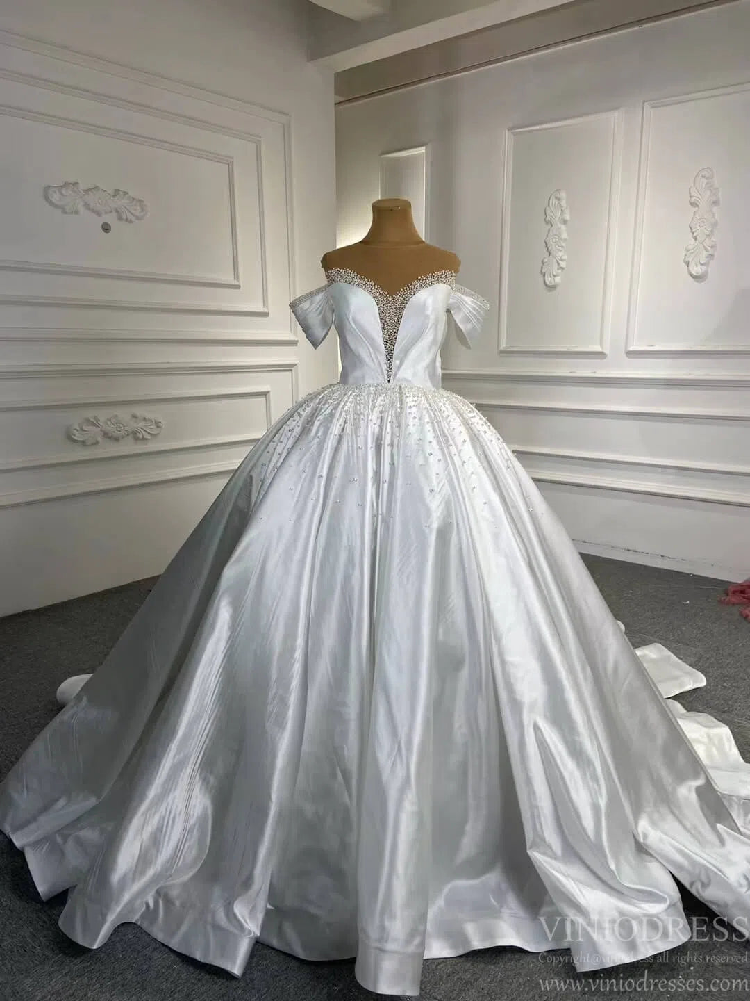 Modest Pearl Satin Wedding Gown 67240 viniodress-wedding dresses-Viniodress-Ivory-Custom Size-Viniodress