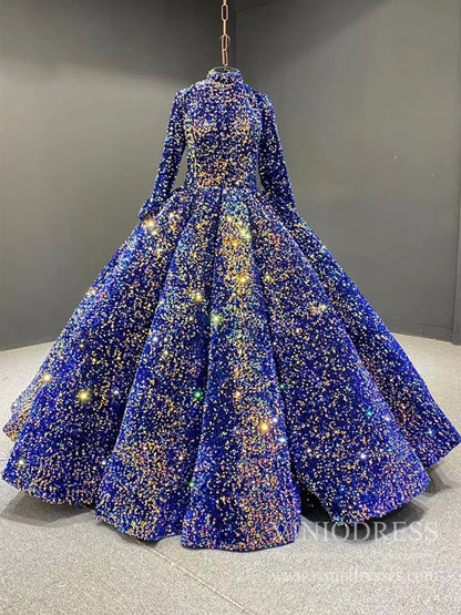 Modest Purple Wedding Gown High Neck 66991 Long Sleeve-Quinceanera Dresses 2025 -Viniodress-Blue-Custom Size-