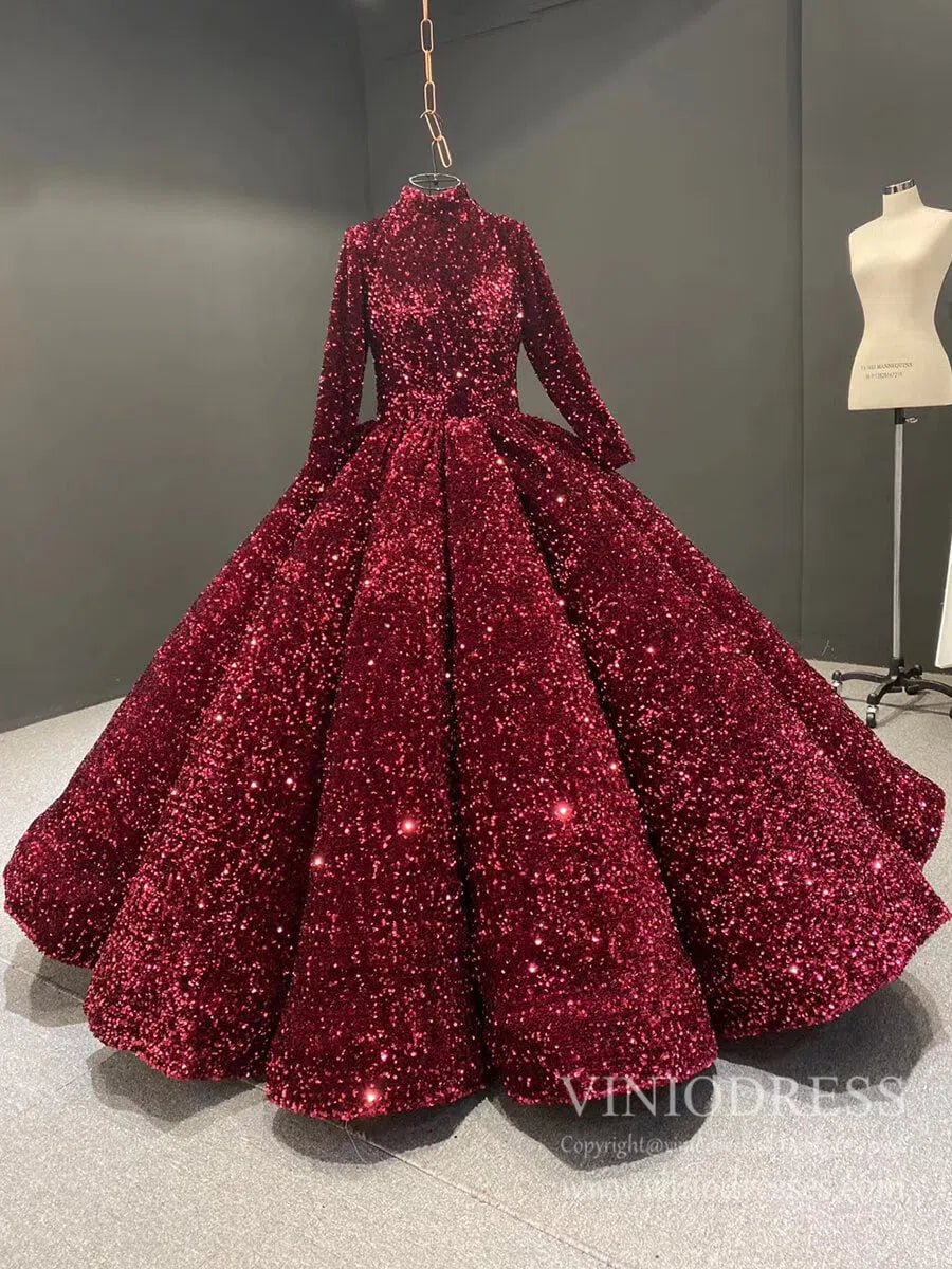 Modest Purple Wedding Gown High Neck 66991 Long Sleeve-Quinceanera Dresses 2025 -Viniodress-Burgundy-Custom Size-