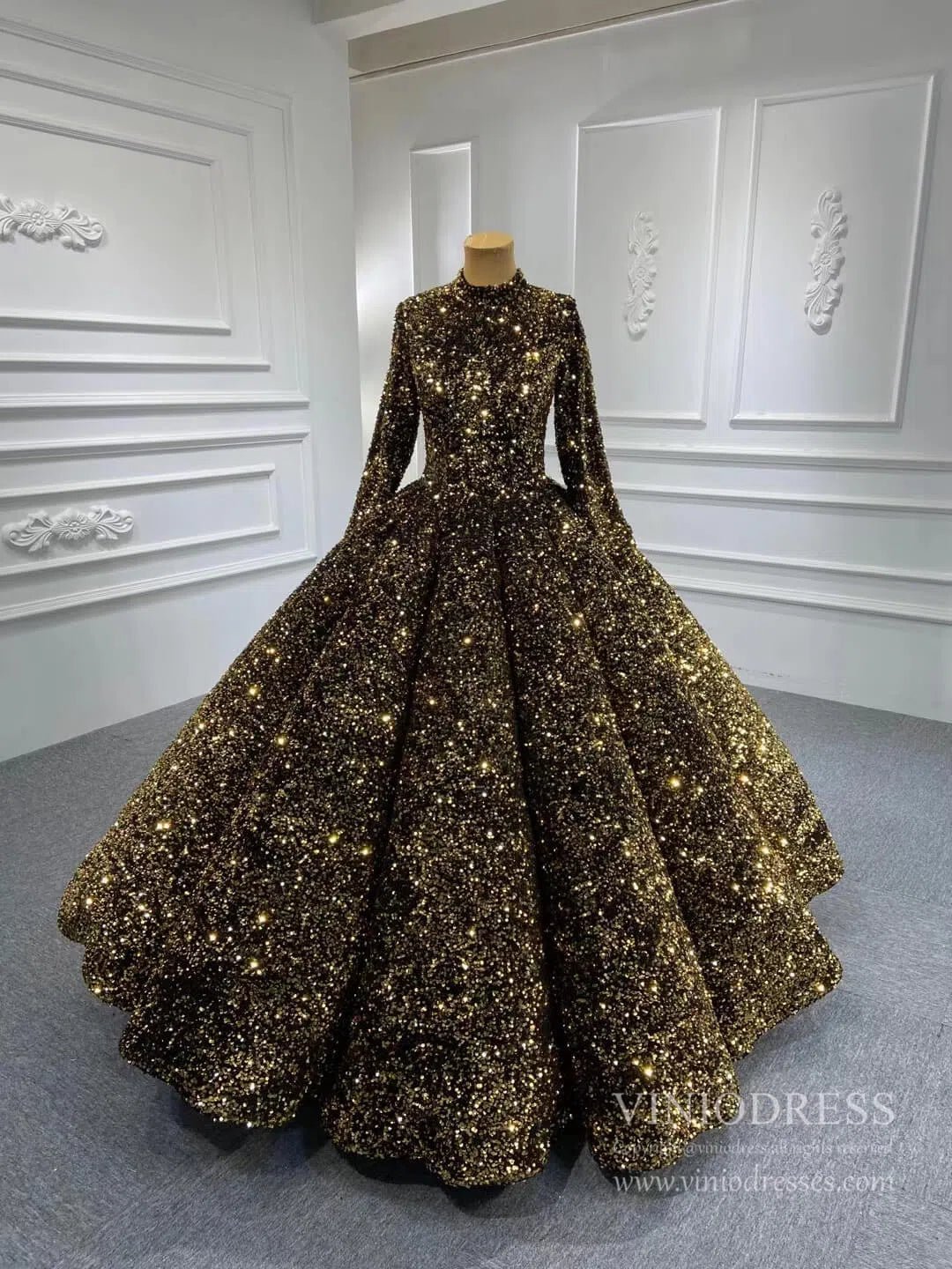 Modest Purple Wedding Gown High Neck 66991 Long Sleeve-Quinceanera Dresses 2025 -Viniodress-Gold-Custom Size-