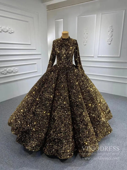 Modest Purple Wedding Gown High Neck 66991 Long Sleeve-Quinceanera Dresses 2025 -Viniodress-Gold-Custom Size-