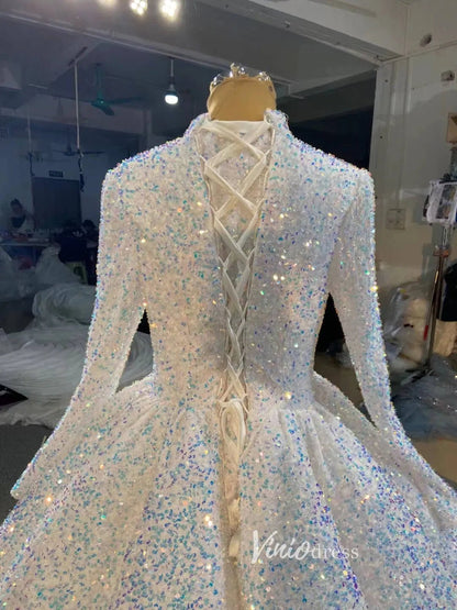 Modest Purple Wedding Gown High Neck 66991 Long Sleeve-Quinceanera Dresses 2025 -Viniodress-Purple-Custom Size-