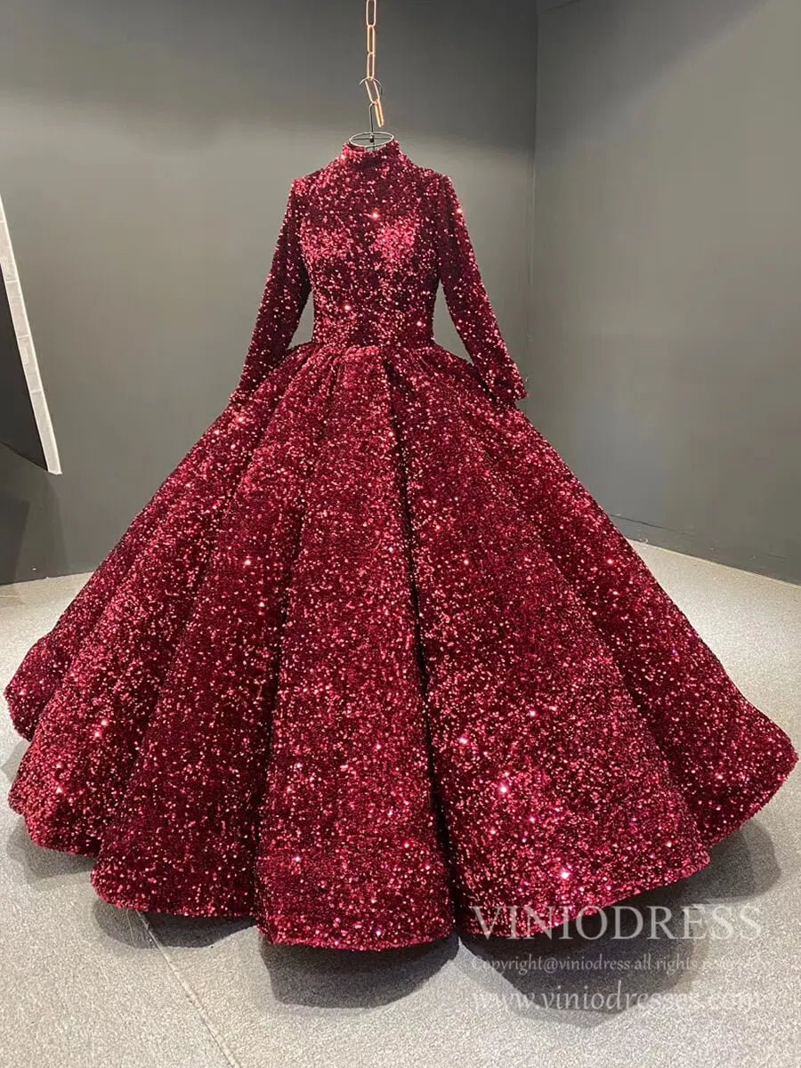 Modest Purple Wedding Gown High Neck 66991 Long Sleeve-Quinceanera Dresses 2025 -Viniodress-Purple-Custom Size-