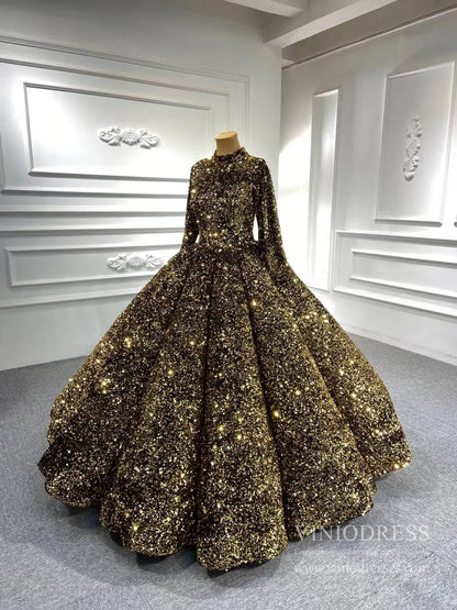 Modest Purple Wedding Gown High Neck 66991 Long Sleeve-Quinceanera Dresses 2025 -Viniodress-Purple-Custom Size-