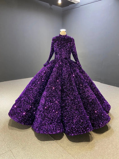 Modest Purple Wedding Gown High Neck 66991 Long Sleeve-Quinceanera Dresses 2025 -Viniodress-Purple-Custom Size-