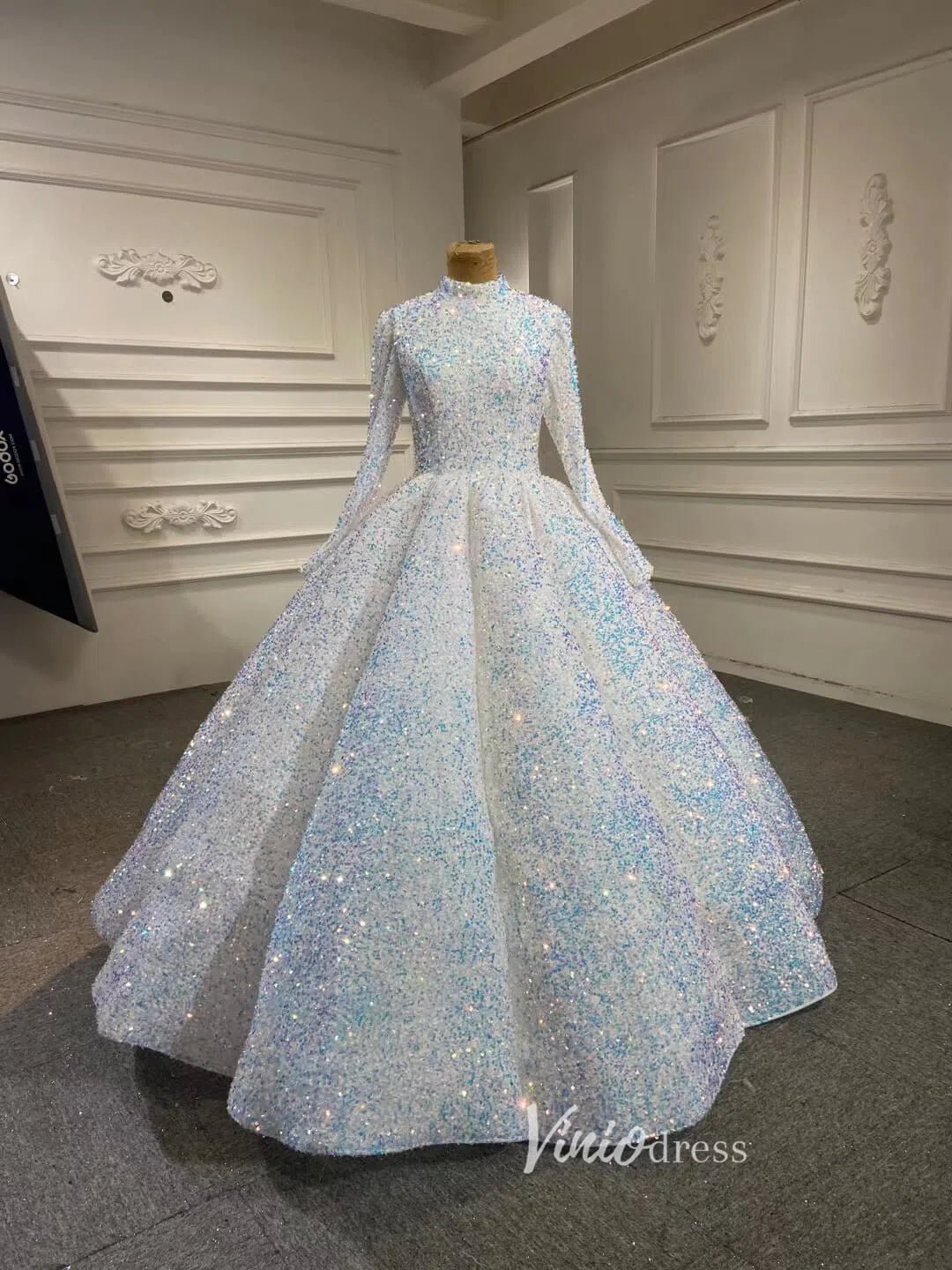 Modest Purple Wedding Gown High Neck 66991 Long Sleeve-Quinceanera Dresses 2025 -Viniodress-White-Custom Size-