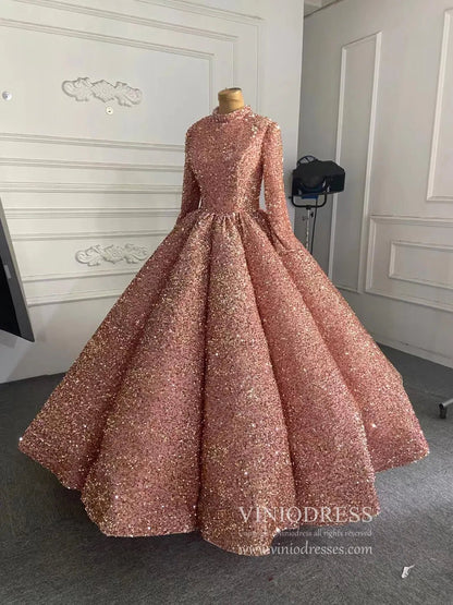 Modest Purple Wedding Gown High Neck 66991 Long Sleeve-Quinceanera Dresses 2025 -Viniodress-Purple-Custom Size-