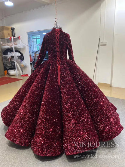 Modest Purple Wedding Gown High Neck 66991 Long Sleeve-Quinceanera Dresses 2025 -Viniodress-Purple-Custom Size-