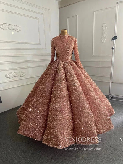 Modest Purple Wedding Gown High Neck 66991 Long Sleeve-Quinceanera Dresses 2025 -Viniodress-Rose Gold-Custom Size-