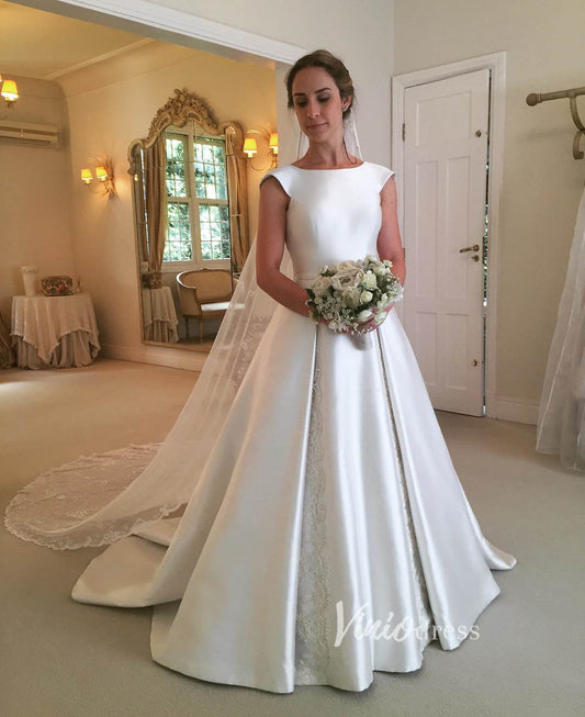 Modest Satin Minimalist Wedding Dresses Cap Sleeve VW1842-wedding dresses 2025 -Viniodress-Ivory-Custom Size-