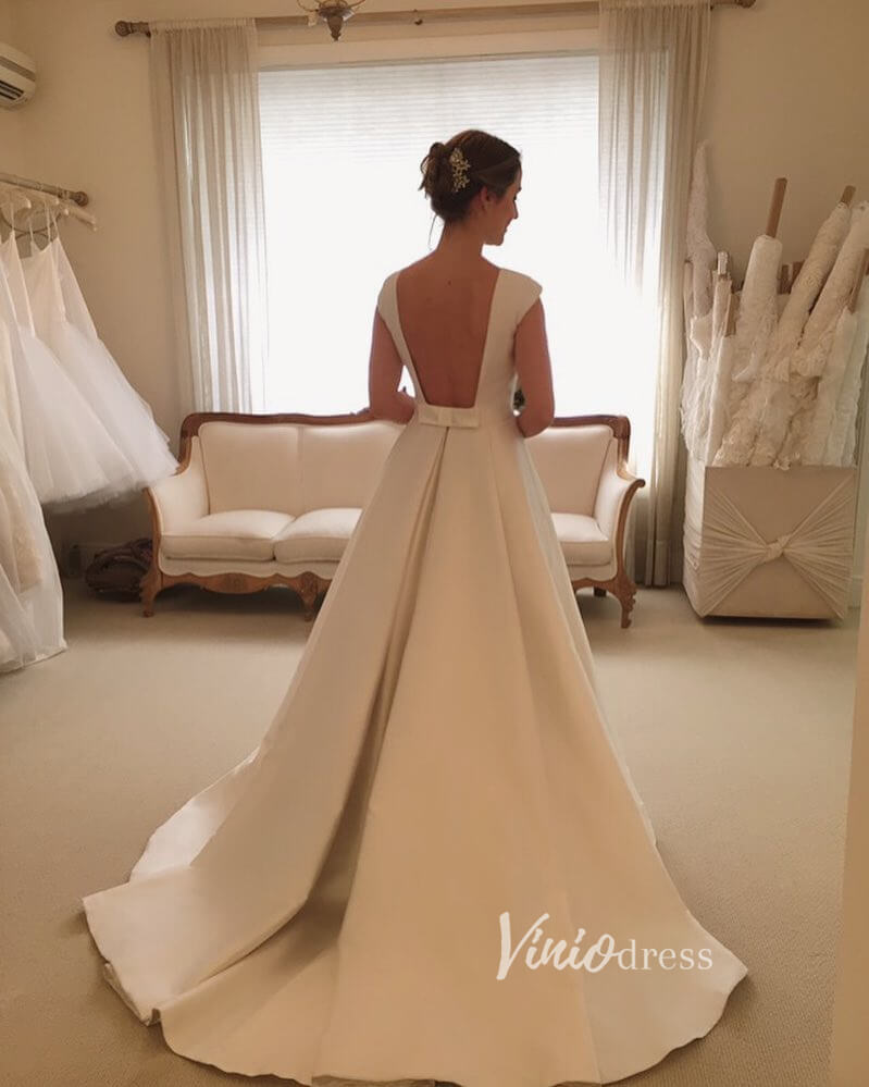Modest Satin Minimalist Wedding Dresses Cap Sleeve VW1842-wedding dresses 2025 -Viniodress-Ivory-Custom Size-