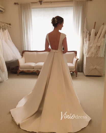 Modest Satin Minimalist Wedding Dresses Cap Sleeve VW1842-wedding dresses 2025 -Viniodress-Ivory-Custom Size-