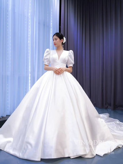 Modest Satin Wedding Gown Half Puff Sleeve Wedding Dresses 67300-wedding dresses 2025 -Viniodress-As Picture-Custom Size-