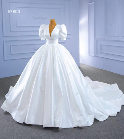 Modest Satin Wedding Gown Half Puff Sleeve Wedding Dresses 67300-wedding dresses 2025 -Viniodress-As Picture-Custom Size-