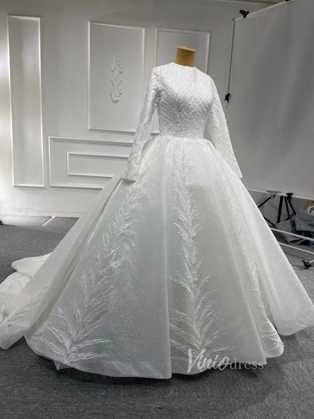 Modest Traditional Ball Gown Wedding Dress with Sleeves 67235-wedding dresses 2025 -Viniodress-Ivory-Custom Size-