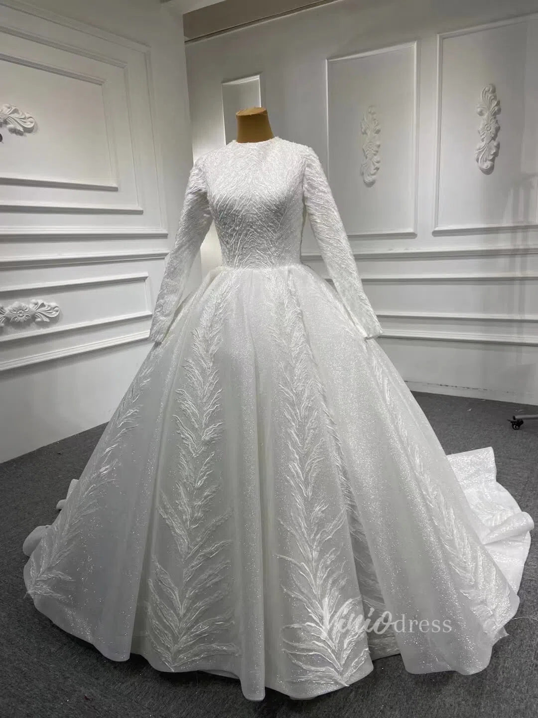 Modest Traditional Ball Gown Wedding Dress with Sleeves 67235-wedding dresses 2025 -Viniodress-Ivory-Custom Size-