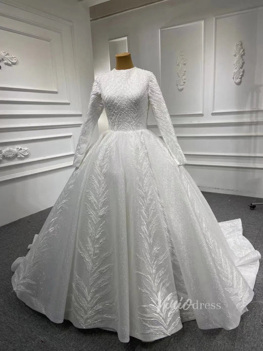 Modest Traditional Ball Gown Wedding Dress with Sleeves 67235-wedding dresses 2025 -Viniodress-Ivory-Custom Size-
