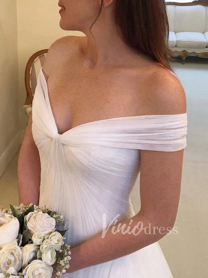 Modest Tulle Wedding Dresses Off the Shoulder Bridal Dress VW1285-wedding dresses 2025 -Viniodress-Ivory-Custom Size-