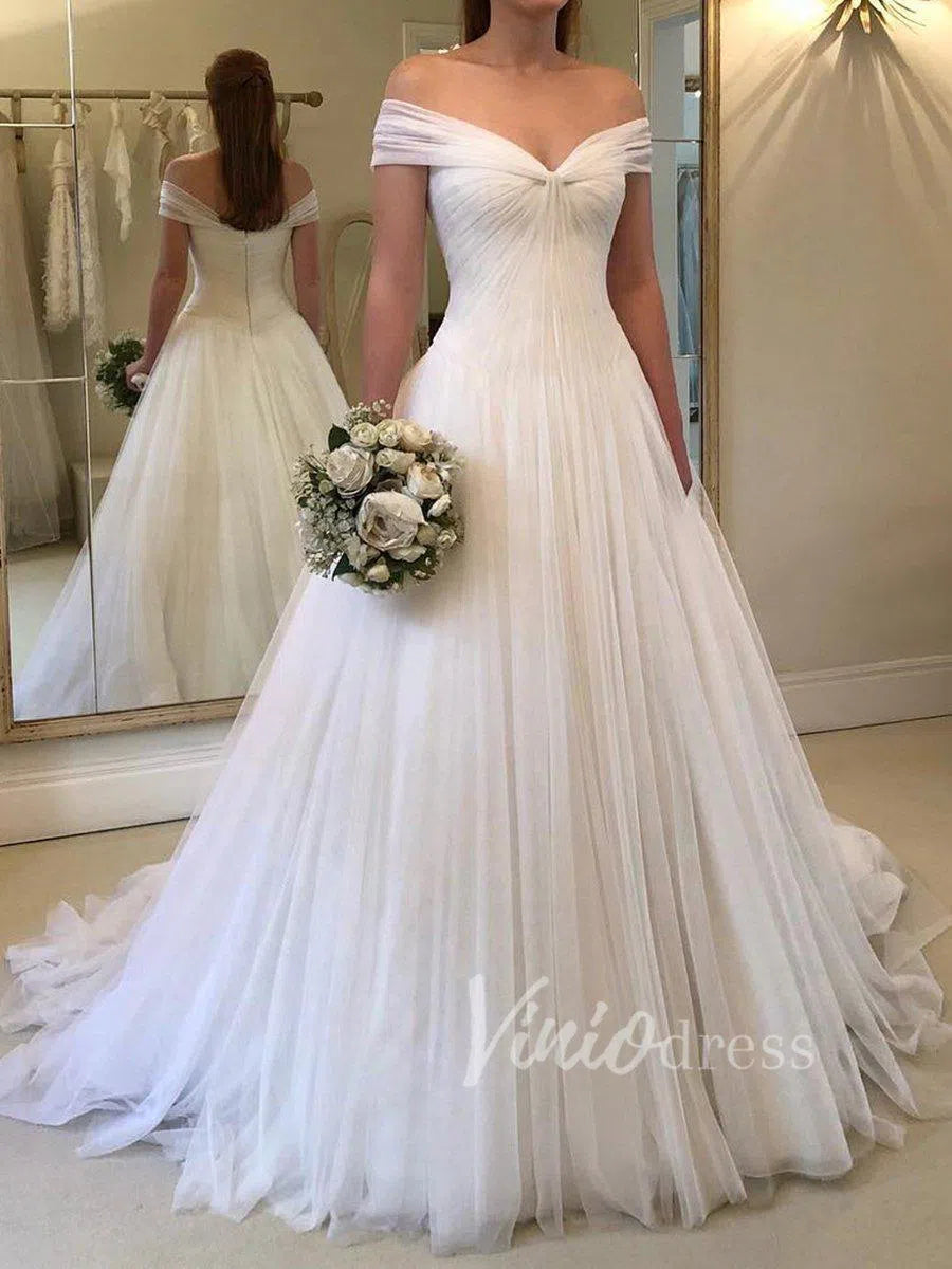 Modest Tulle Wedding Dresses Off the Shoulder Bridal Dress VW1285-wedding dresses-Viniodress-Ivory-Custom Size-Viniodress