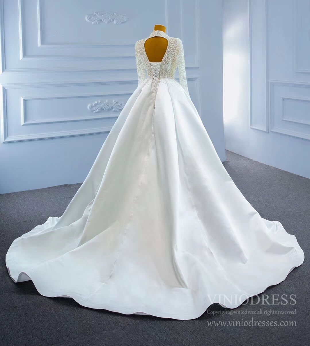 Modest V-neck Pearl Satin Sheath Wedding Dress with Slit 67251-wedding dresses 2025 -Viniodress-As Picture-Custom Size-