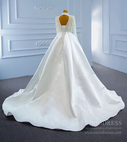 Modest V-neck Pearl Satin Sheath Wedding Dress with Slit 67251-wedding dresses 2025 -Viniodress-As Picture-Custom Size-