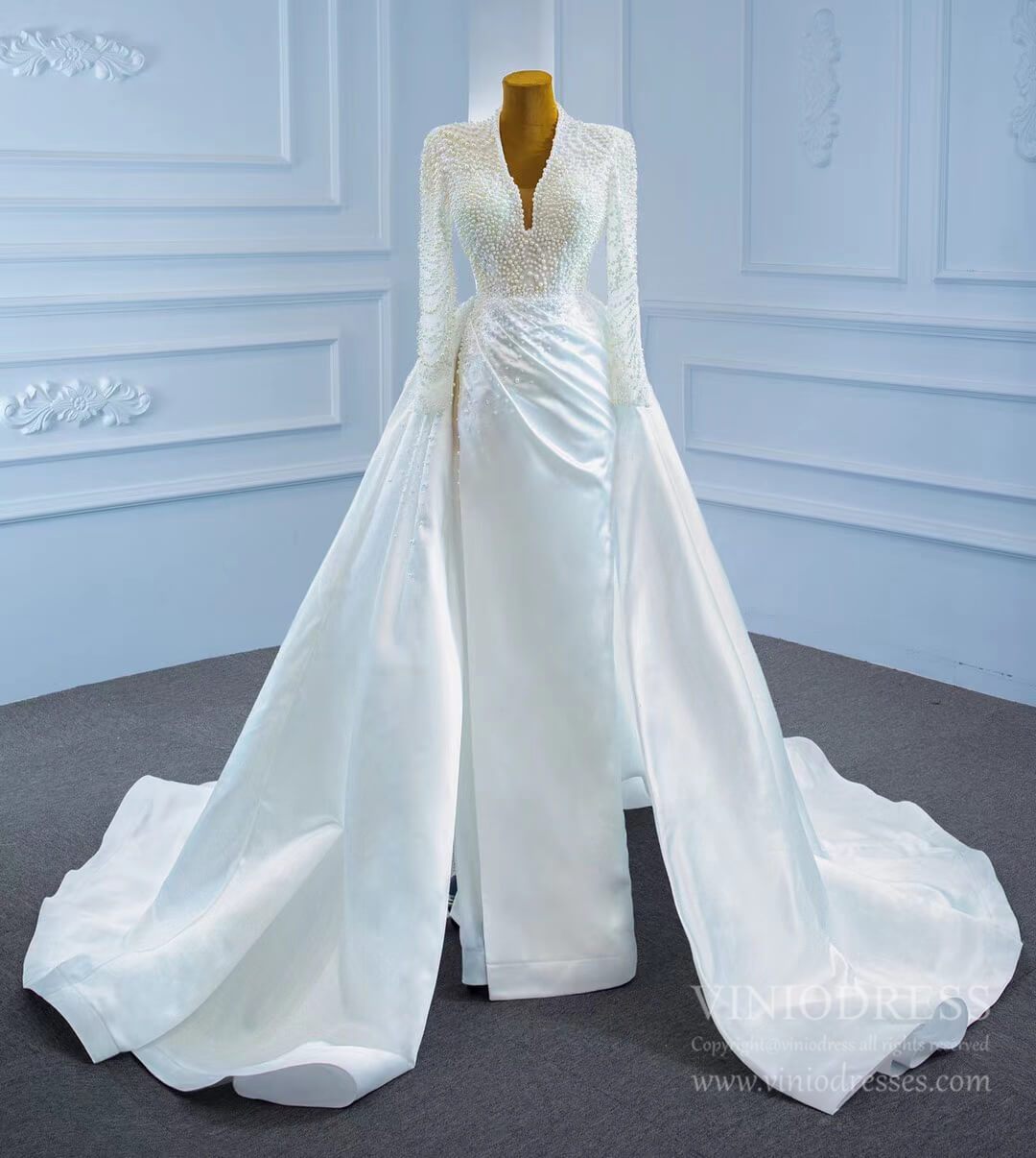 Modest V-neck Pearl Satin Sheath Wedding Dress with Slit 67251-wedding dresses 2025 -Viniodress-As Picture-Custom Size-