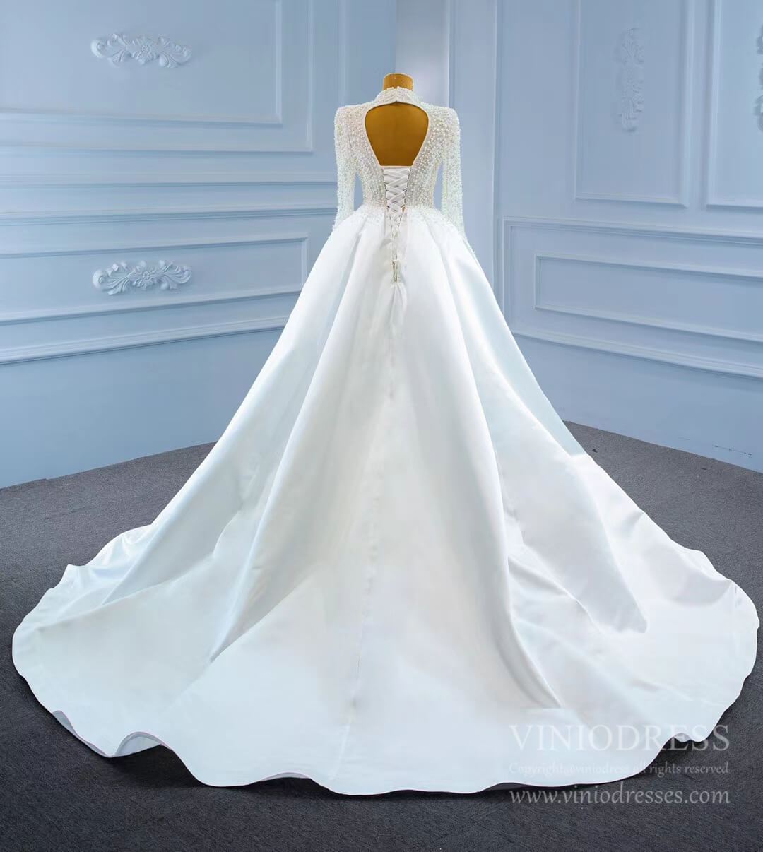 Modest V-neck Pearl Satin Sheath Wedding Dress with Slit 67251-wedding dresses 2025 -Viniodress-As Picture-Custom Size-