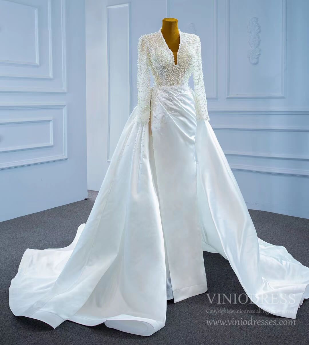 Modest V-neck Pearl Satin Sheath Wedding Dress with Slit 67251-wedding dresses 2025 -Viniodress-As Picture-Custom Size-