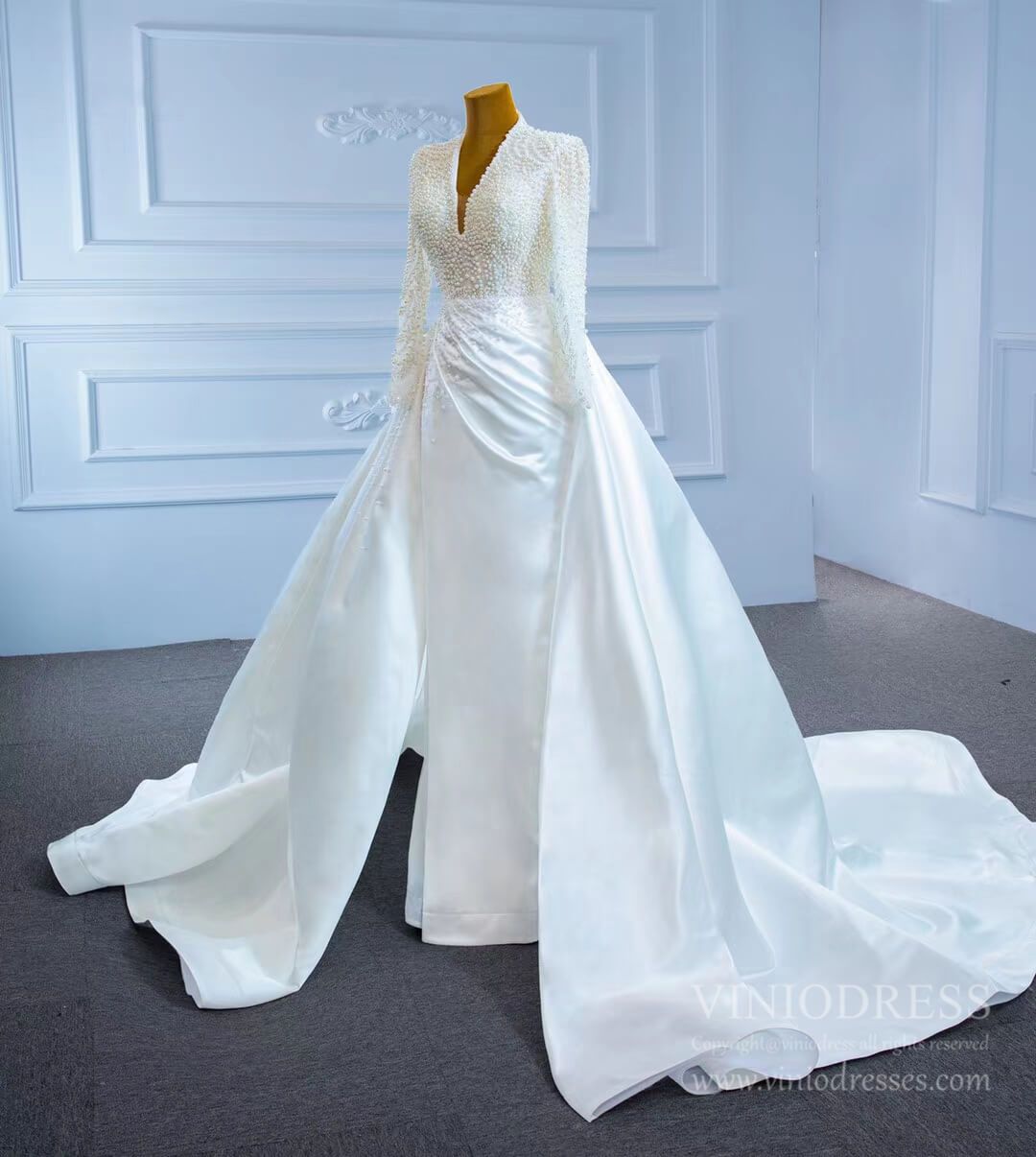Modest V-neck Pearl Satin Sheath Wedding Dress with Slit 67251-wedding dresses 2025 -Viniodress-As Picture-Custom Size-