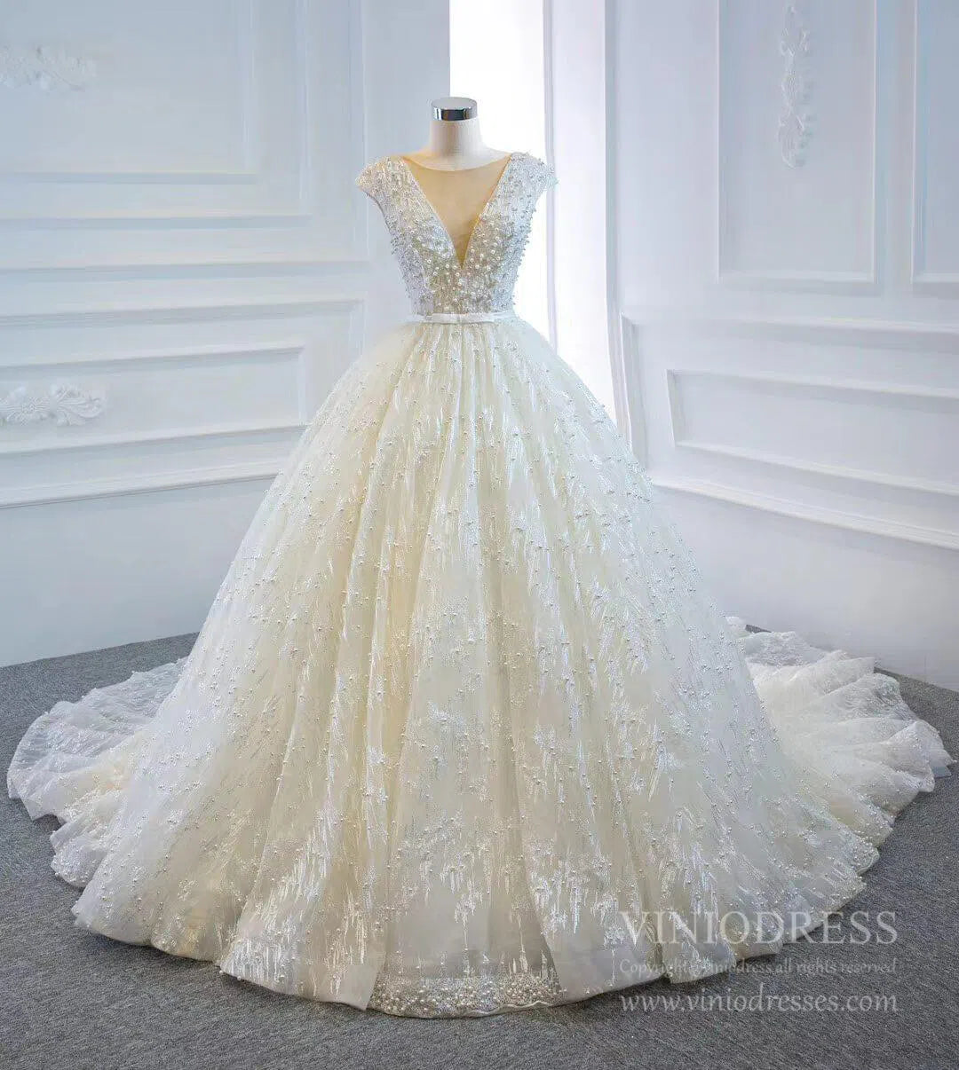 Modest Weding Dresses Pearl Beaded Cathedral Wedding Gowns VW1287-wedding dresses-Viniodress-Viniodress