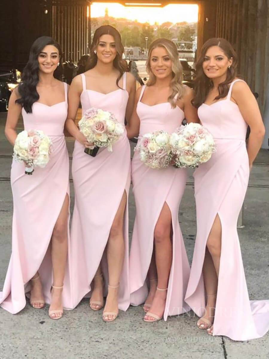 Modest Wide Strap Pink Sheath Bridesmaid Dresses with Side Slit VB1012 – Viniodress Modest Wide Strap Pink Sheath Bridesmaid Dresses with Side Slit VB1012 – Viniodress
