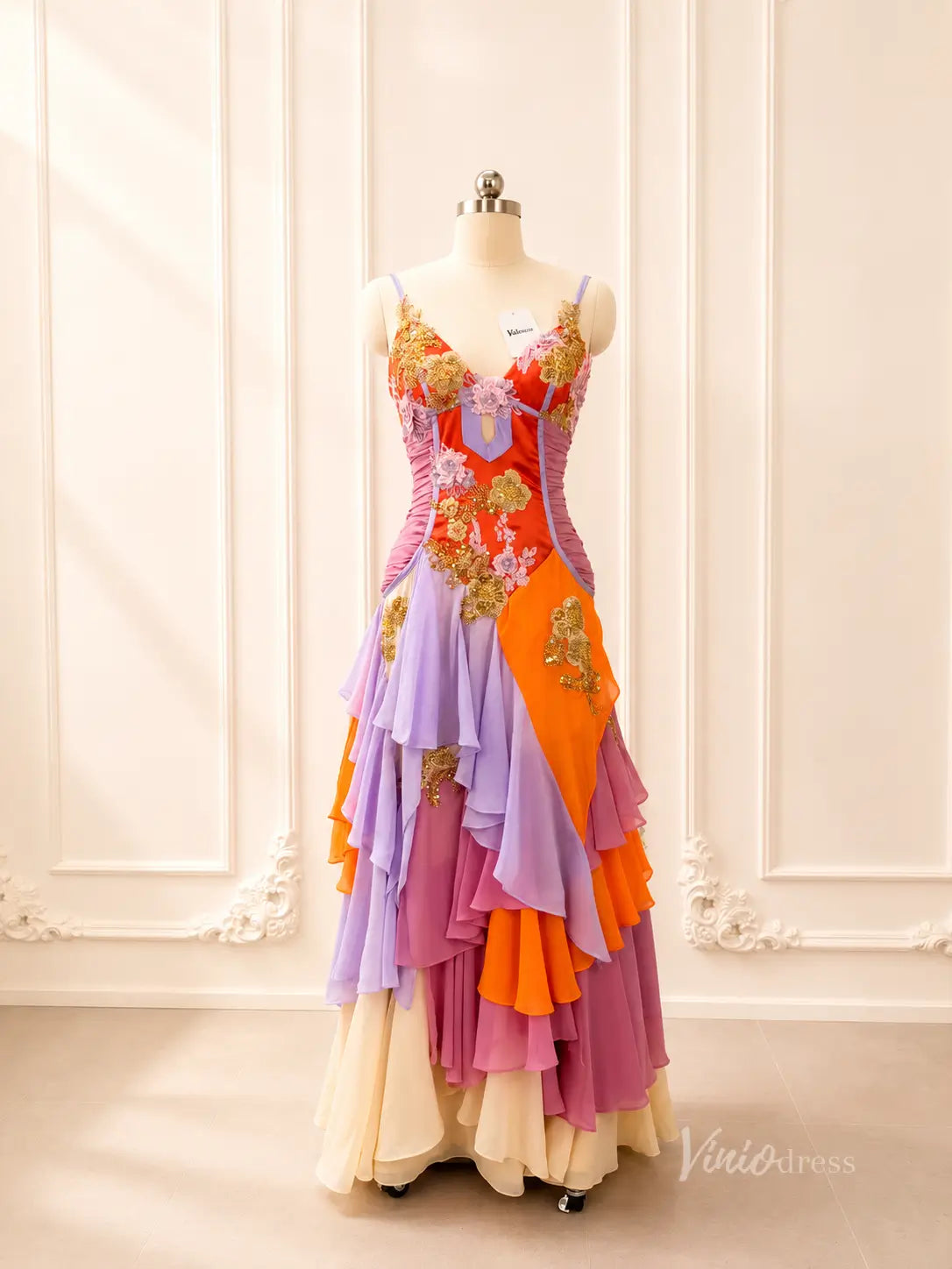 Multi Color Chiffon Vintage Dress with Corset Bodice and Ruffled Tiered Skirt RF500-prom dresses 2026-Viniodress-Orange-Custom Size – Add Measurements in Cart-