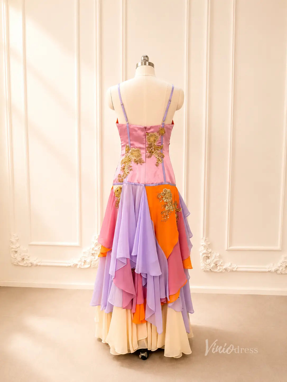 Multi Color Chiffon Vintage Dress with Corset Bodice and Ruffled Tiered Skirt RF500-prom dresses 2026-Viniodress-Orange-Custom Size – Add Measurements in Cart-