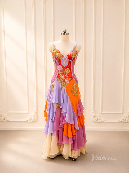 Multi Color Chiffon Vintage Dress with Corset Bodice and Ruffled Tiered Skirt RF500-prom dresses 2026-Viniodress-Orange-Custom Size – Add Measurements in Cart-