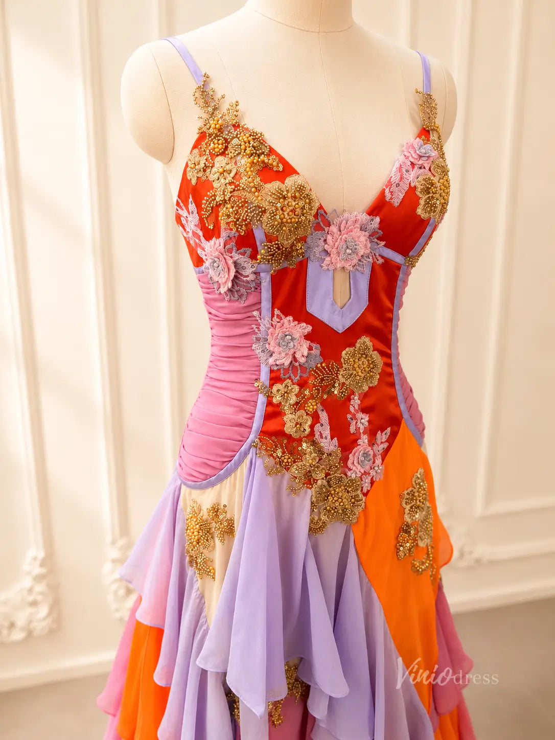 Multi Color Chiffon Vintage Dress with Corset Bodice and Ruffled Tiered Skirt RF500-prom dresses 2026-Viniodress-Orange-Custom Size – Add Measurements in Cart-