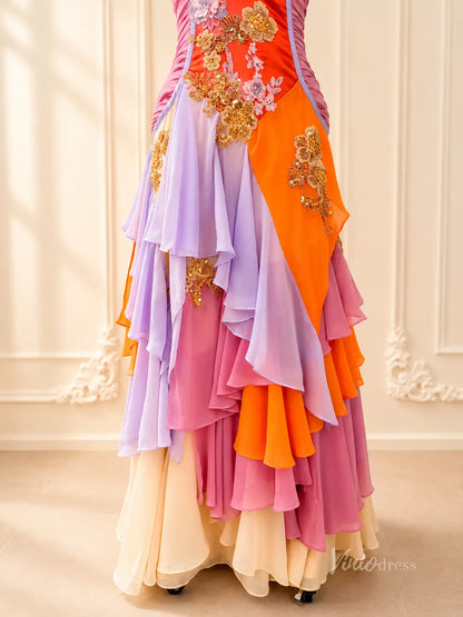 Multi Color Chiffon Vintage Dress with Corset Bodice and Ruffled Tiered Skirt RF500-prom dresses 2026-Viniodress-Orange-Custom Size – Add Measurements in Cart-
