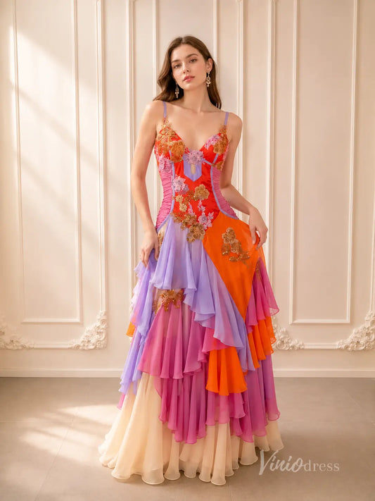 Multi Color Chiffon Vintage Dress with Corset Bodice and Ruffled Tiered Skirt RF500-prom dresses 2026-Viniodress-Orange-Custom Size – Add Measurements in Cart-